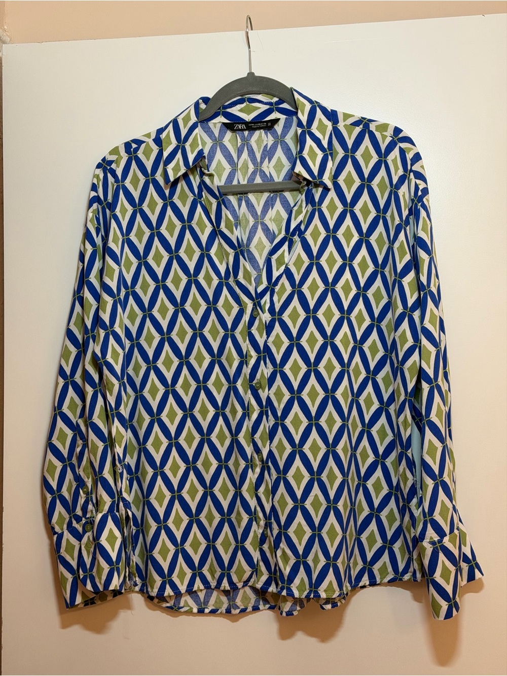 Zara Blue & Olive Geometric Button-Down Shirt